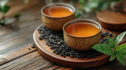 Two Cups of Hot Tea on a Wooden Tray with Dried Tea Leaves and Green Tea Plant