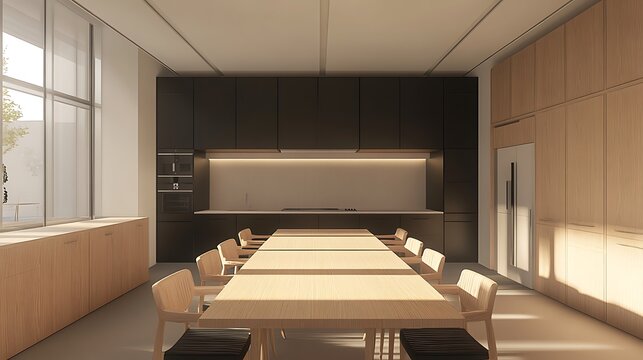 3D rendering of a small kitchen with light wooden table chair