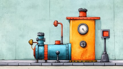Colorful Industrial Machine Steampunk Style Factory Equipment Urban Scene