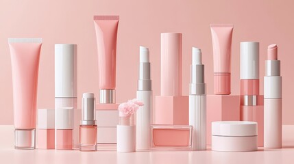A Collection of Pink and White Cosmetics on a Pink Background