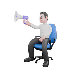 3D Cartoon Filmmaker. A male producer sits in his work chair while his right hand holds a loudspeaker that is directed forward. Studio Style