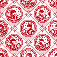 Seamless pattern with Asian elements for happy Chinese new year of the Snake 2025