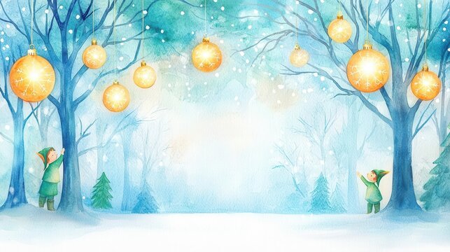 Whimsical Christmas with fantasy elves brings holiday cheer. Watercolor painting of a magical forest with elves hanging glowing ornaments from trees, soft and whimsical Christmas glow