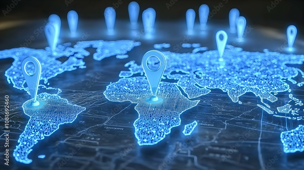 Poster 3d digital global map with glowing location markers illustrating worldwide connectivity and network