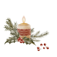 Vintage wax candle in Christmas arrangement with flame,red openwork lace ribbon,holly,berries and spruce sprigs.Hand drawn illustration isolated on white background for greetings,cards and invitations