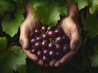 Freshly harvested grapes held in hands surrounded by lush green leaves.