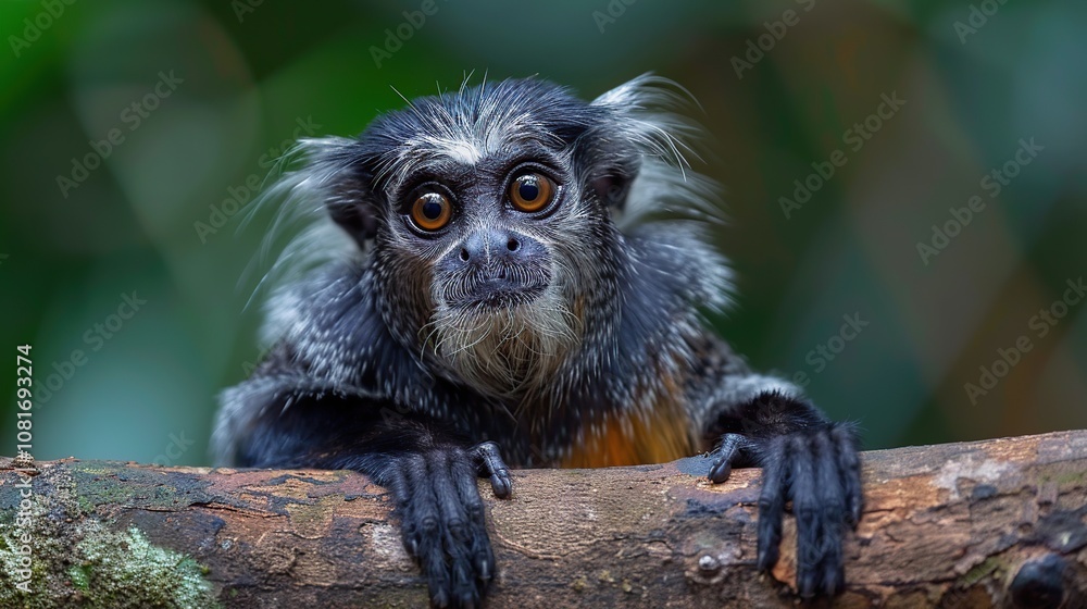 Wall mural A small, black and white monkey with large orange eyes looks directly at the camera. It has a white beard and is sitting on a tree branch in a jungle setting.