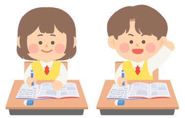 학교에서 수업중인 여학생과 남학생