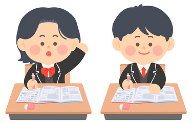 학교에서 수업중인 여학생과 남학생
