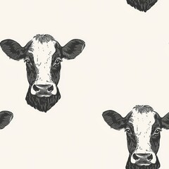 Obraz premium Seamless pattern with black and white cow heads on light background, ideal for farm-themed decor
