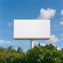 A blank billboard surrounded by greenery under a clear blue sky.