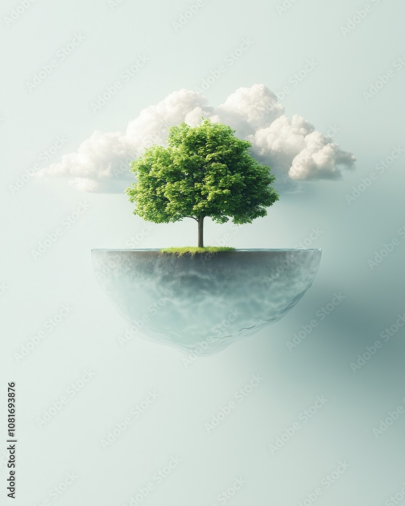 Poster a serene, floating island features a lush tree surrounded by soft clouds, symbolizing tranquility an