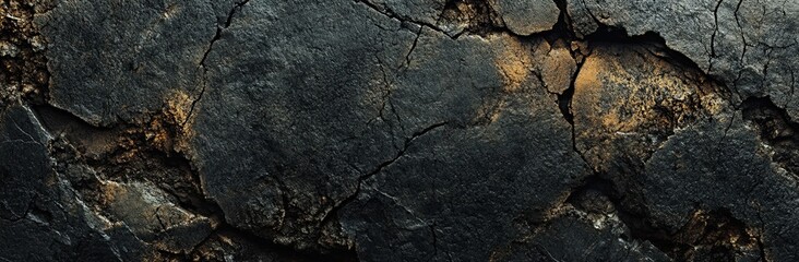 Fototapeta premium Black Rock and Tree Bark Texture: Dark Gray Stone Surface with Cracks for Design and Banner