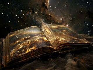 A book with glowing pages displaying a galaxy. AI.