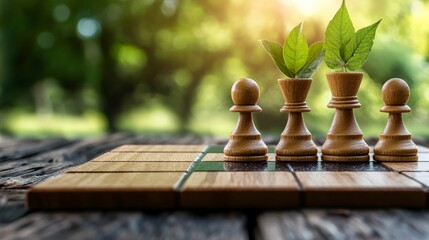 Natural growth represented through chess pieces on a wooden board in a lush park during golden sunset