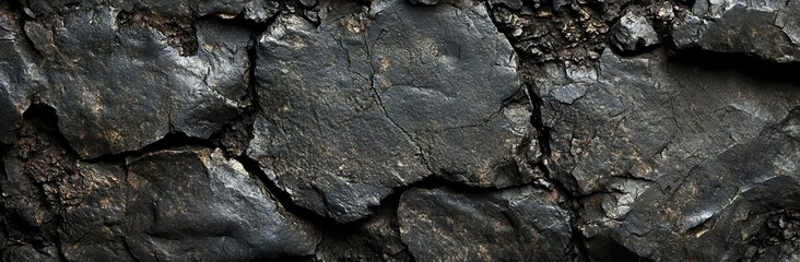 Black Rock and Tree Bark Texture: Dark Gray Stone Surface with Cracks for Design and Banner