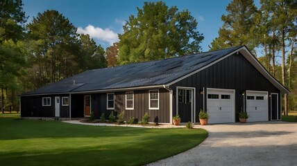 Obraz premium A barndominium home with black roof and black siding at lakeside.