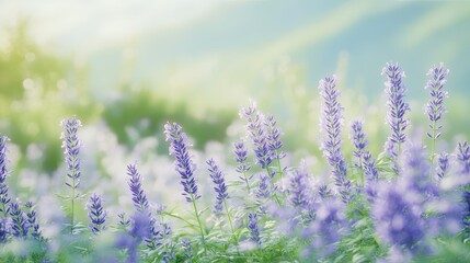 Obraz premium Field of purple lavender flowers, extending into the distance, with a soft-focus background of green and blue for a calming scene