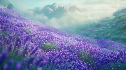 Obraz premium Field of purple lavender flowers, extending into the distance, with a soft-focus background of green and blue for a calming scene