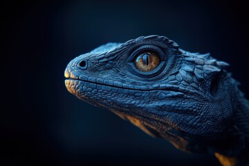 A close-up view of a reptilian creature showcasing intricate textures and vibrant eyes.