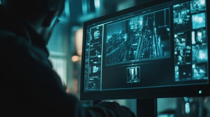 Person analyzing cityscape surveillance footage on a monitor in a dark, high-tech control room
