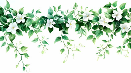 Fototapeta premium Elegant White Flowers and Lush Green Leaves Illustration, a Detailed Botanical Drawing for Decor