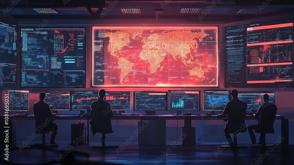 Poster a team of four people monitor a global map on a large screen in a dimly lit control room.