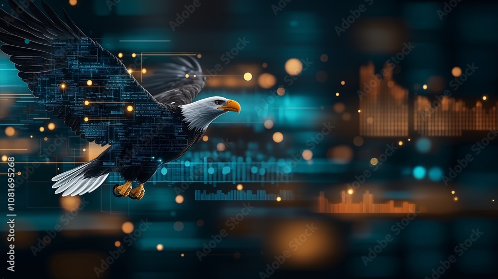 Poster eagle soaring through data: a majestic bald eagle takes flight amidst a dynamic backdrop of data vis