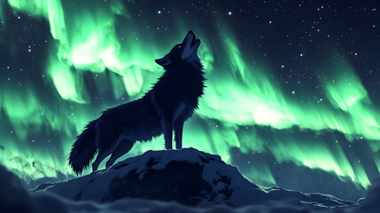 Digital Painting of a Wolf Howling at the Aurora Borealis, a Breathtaking Night Scene