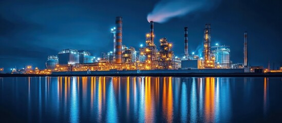 Naklejka premium Illuminated industrial complex at night with reflections on water.