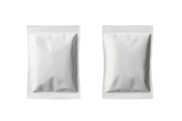 Two white aluminum foil snack packages for mockup  with a transparent background. front and back view. 