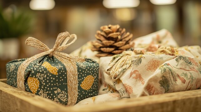 A zero-waste gift wrapping station featuring reusable cloth wraps, biodegradable twine, and recycled paper. 