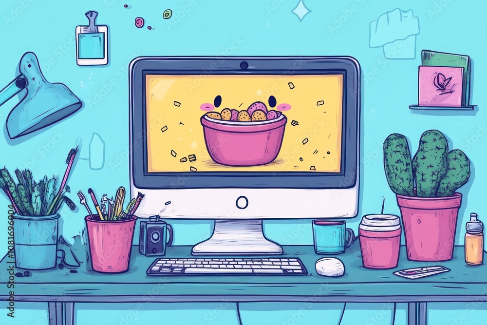 Poster a cartoon illustration of a desk with a computer displaying a bowl of cereal. there are various offi