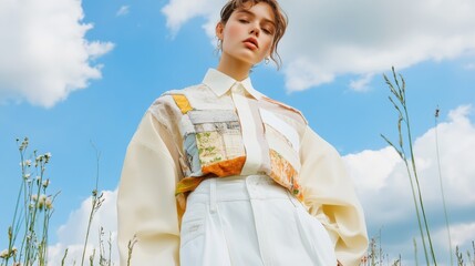 Woman in recycled patchwork shirt against a natural background, highlighting eco-friendly and sustainable fashion choices