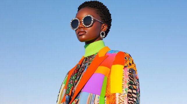 Fashion-forward woman in a vibrant upcycled patchwork jacket with bold colors, showcasing sustainable and recycled fashion