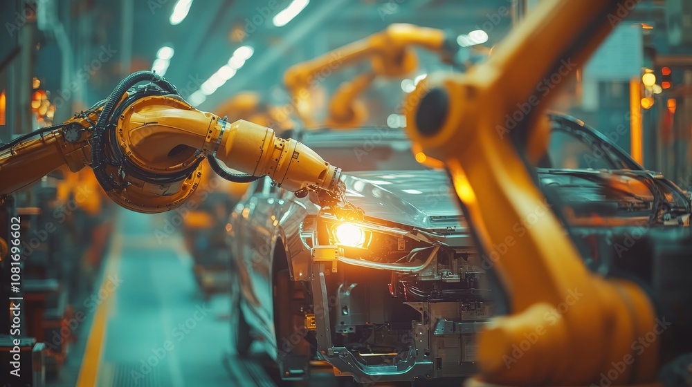 Aufkleber robotic arm assembling a car on an automated production line