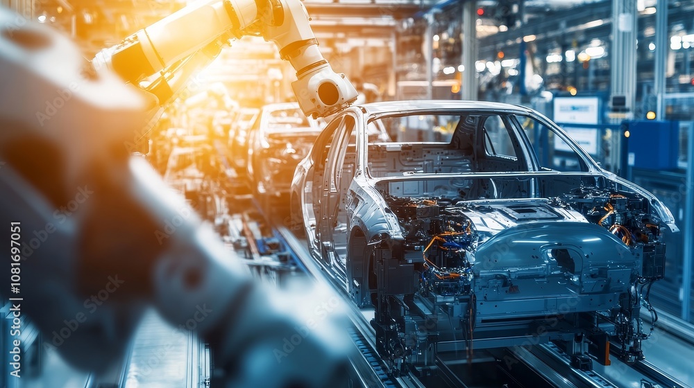 Aufkleber workers and robotic arms assembling a car on an assembly line
