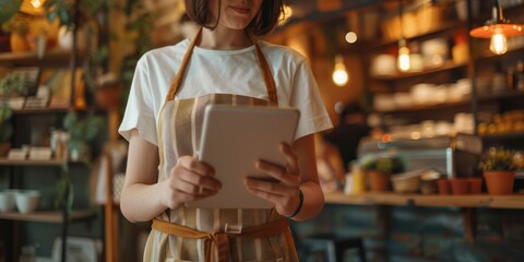 Waitress wearing apron using digital tablet to take order from customer in restaurant serve