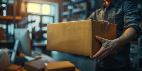 A delivery man holding a cardboard box in his hands, ready to deliver it to a customer warehouse