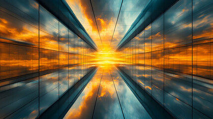 Reflective Glass Corridor Reflecting Sunset Cloudscape: A 3D Digital Art Illustration