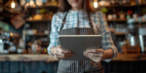 Close up of a waitress using a digital tablet while standing in a bar or restaurant.