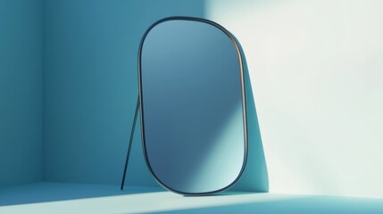Obraz premium A full-length oval mirror with a wooden frame stands in a light blue room with a large, bright window casting sunlight across the floor.