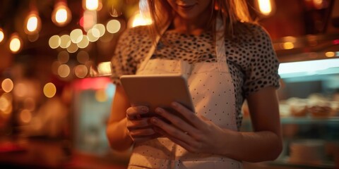 Close up of a waitress using a digital tablet while working in a restaurant bar at night time
