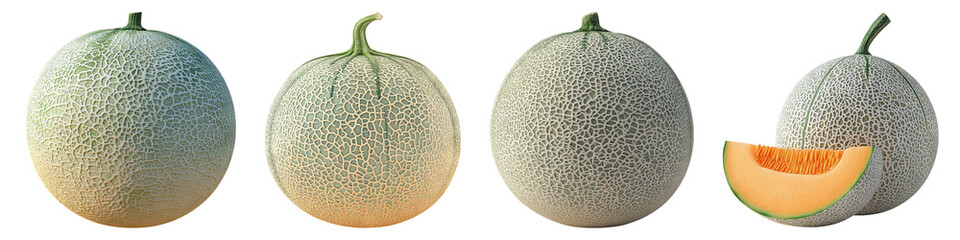 Cantaloupe fruit isolated on transparent background, set of