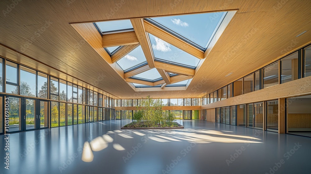 Aufkleber an environmentally friendly school building that was built using recycled and natural materials and 