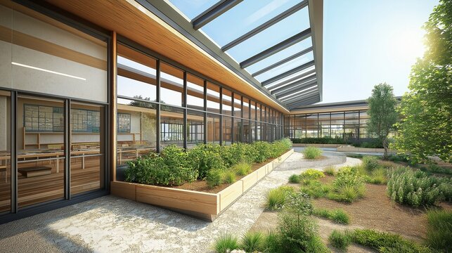 An eco-friendly school building constructed from natural and recycled materials, with skylights allowing for natural daylighting.