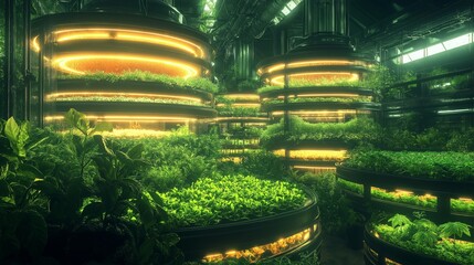 Close view of tiered circular planters with vibrant green sprouts under glowing ambient light.