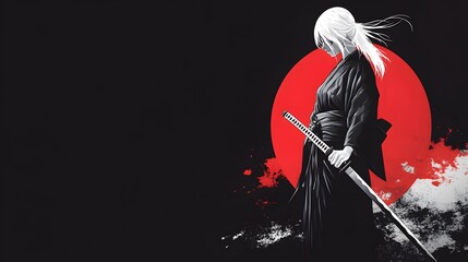 A woman in black clothing with white hair stands with a katana sword in front of a red sun.