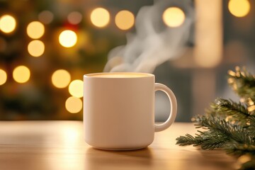 Obraz premium A warm cup of coffee surrounded by festive lights, perfect for cozy moments.