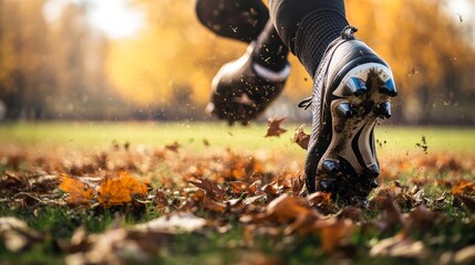 A football running back's cleats digging into the turf, outdoor setting with autumn leaves, Close-up style